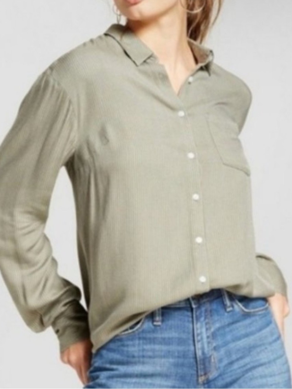 A New Day Striped Button Down Olive Shirt Pinstripe Long Sleeve Collared
